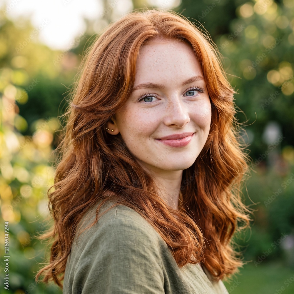 Naklejka premium Charming young woman with long wavy red hair and freckles smiling outdoors in nature