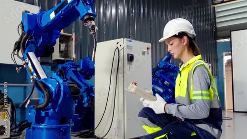 Female engineer operating a robotic arm in a modern factory setting