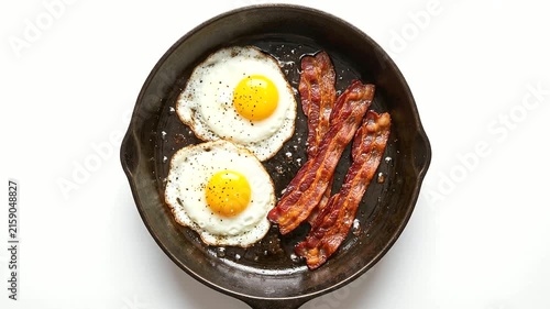 Classic breakfast with two fried eggs with sunny-side-up yellow yolks and crispy strips of bacon seasoned with black pepper and salt, cooked together inside a black cast iron skillet on a white surfac