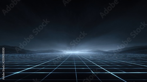 Sophisticated futuristic background with an ultra thin glowing geometric grid extending toward the horizon, dark matte graphite surface, subtle blue
