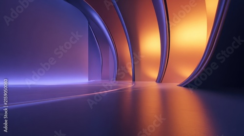 Sophisticated futuristic background with smooth architectural curves illuminated by a gradient from warm amber and coral to electric violet and deep
