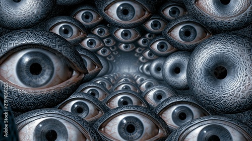 Infinite tunnel of repeating human eyes transforming into geometric portals, creating a dark surreal abstract background with a hypnotic atmosphere.