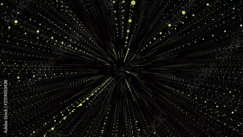 Abstract Green Particle Tunnel with Glowing Dots and Radial Motion on Black Background