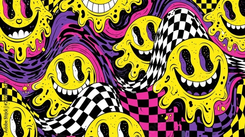 Melting smiley faces with distorted checkerboard patterns in bold acid colors, creating a playful surreal psychedelic abstract composition.