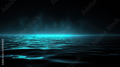Surreal futuristic background made from perfectly smooth dark water with luminous cyan ripples spreading across the surface, subtle reflections