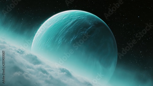 Ultra realistic distant ice covered exoplanet floating against deep space, pale turquoise atmosphere, crystalline cloud formations and subtle aurora