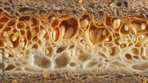 Ultra realistic scientific macro cross section of a wheat grain, clearly visible bran layers, starchy endosperm and germ structure, intricate natural