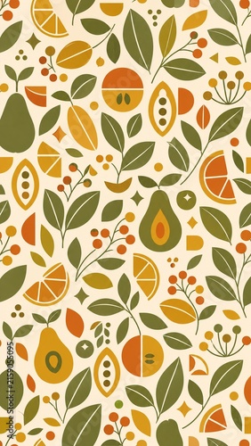 Retro Botanical Fruit Pattern with Avocado Pear Citrus and Leaves