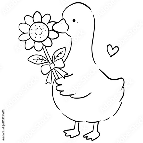 Silly goose holding sunflower cartoon doodle for coloring page