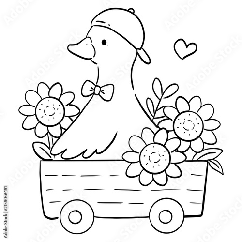 Silly goose with a bouquet of flowers cartoon doodle for coloring page