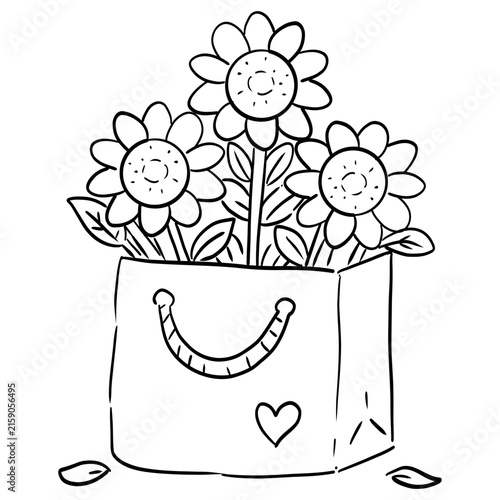 flower in a shopping bag doodle illustration for coloring page
