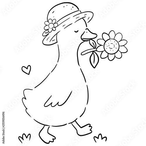 Silly goose holding sunflower  cartoon doodle for coloring page