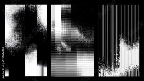 Monochrome technical line grid poster set with kinetic halftone distortion patterns, Minimalist geometric visual transformation and abstract structural evolution artwork with transition effect 