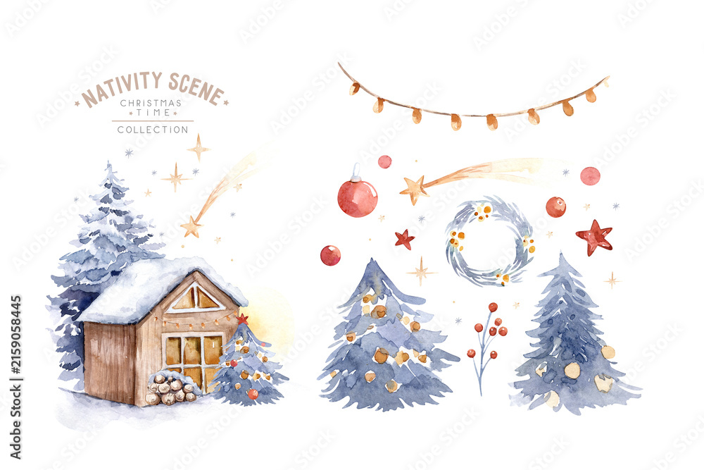 Naklejka premium Watercolor christmas nativity scene. Christianity story with newborn jesus, mary, angel and lamb. Holy jolly christmas card