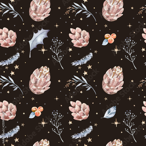 Christmas seamless pattern with red balls, fir branches and holly leaves. Watercolor illustration