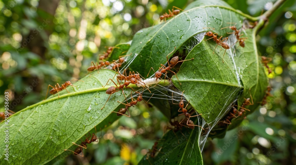 Fototapeta premium Weaver ants building a nest on green leaves in the forest