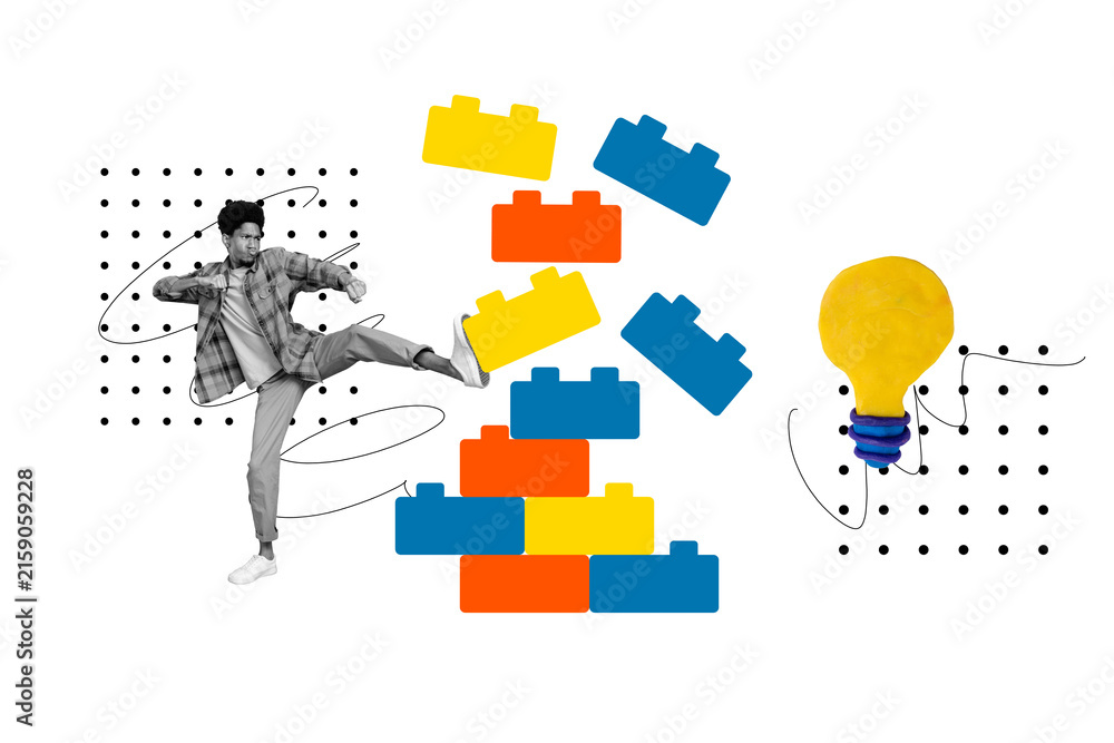 Fototapeta premium Composite photo collage of serious american guy kick lego bricks led idea concept business strategy plan isolated on painted background