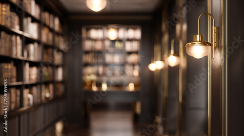 Elegant dark library office interior with bookshelves and lighting in refined style