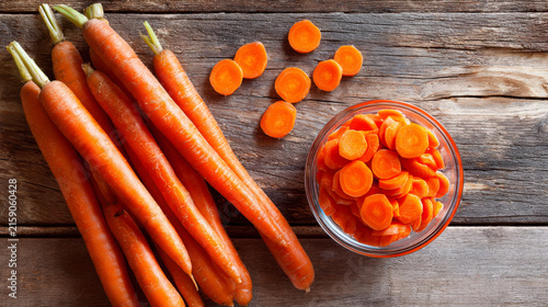 Fresh organic carrots on a wooden table with sliced rounds in a glass bowl