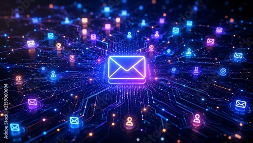 Digital communication network with displays high tech digital network radiating central glowing envelope icon
