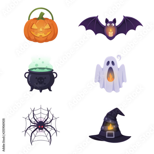 Halloween icons including a pumpkin jack-o-lantern bat cauldron ghost spider and witch hat with glowing flames Isolated on transparent background