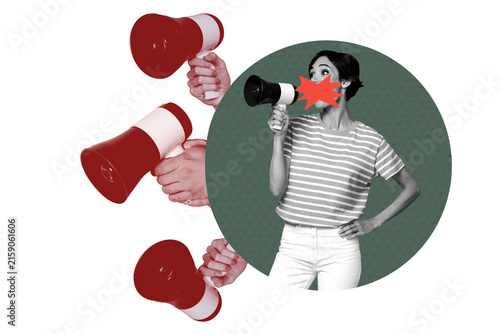 Foto Creative 3D photo collage trend artwork template of young lady hold megaphone pr