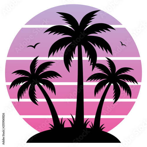 Retro synthwave style tropical island illustration with three palm trees, sunset background with horizontal stripes, and flying birds in a circular frame podium