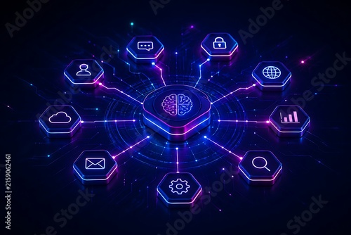Artificial intelligence network hub connecting digital technology icons