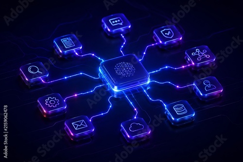 Central artificial intelligence processor connected to digital network interface icons