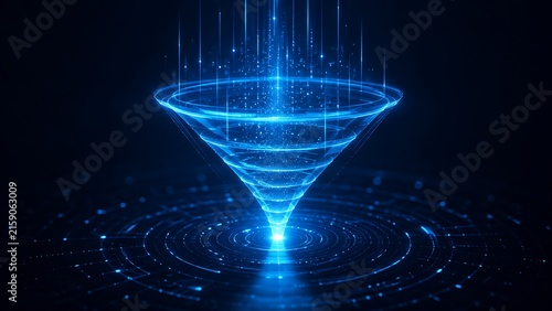 Abstract digital funnel representing data flow and cyber connectivity in neon blue light