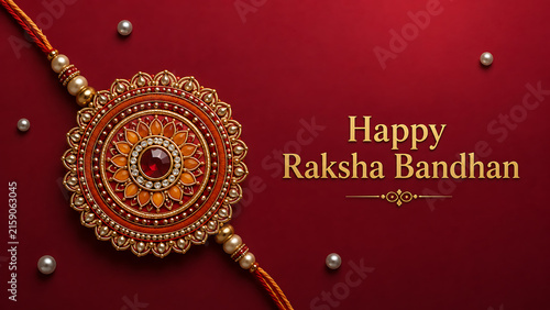 Elegant golden rakhi on red background for happy raksha bandhan celebration during shravan purnima festival wishing strong bond between brother and sister