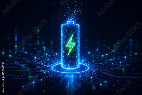 Digital battery symbol representing sustainable energy storage technology and advanced electrical power connectivity