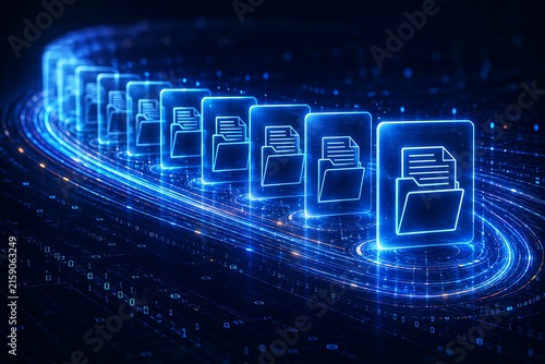 Glowing digital data folders moving along a futuristic cybernetic network pathway