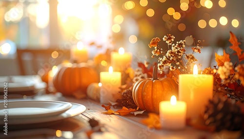 Thanksgiving Table Setting with Pumpkins Candles and Autumn Leaves.