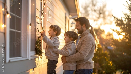 Father and two sons decorating house with Christmas lights outdoors at sunset.