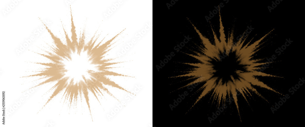 Fototapeta premium Golden starburst explosion icons, radial sunburst light rays on black and white backgrounds, abstract spark flash elements for graphic design