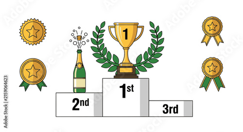 Winner Podium with Gold Trophy Champagne and Medals Set