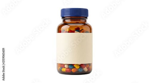 Canvastavla Amber glass pharmaceutical jar with blue lid containing variety of medical pills for pharmacy concepts