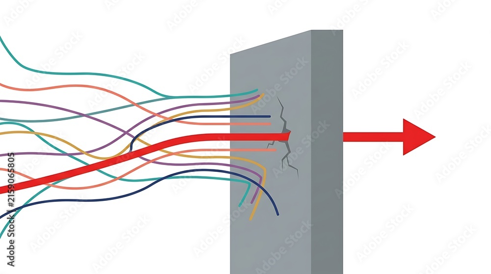 Obraz premium A single red arrow breaking through a solid wall with colorful wavy lines representing a breakthrough business concept