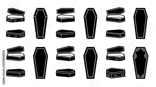 Set of black coffin icons in various styles with different styles orientations collection black collection 16 bereavement with background