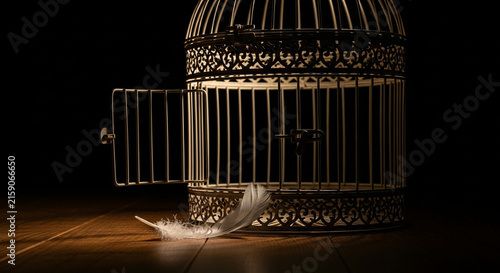 An open vintage birdcage with a single white feather resting on a wooden floor, symbolizing freedom and escape