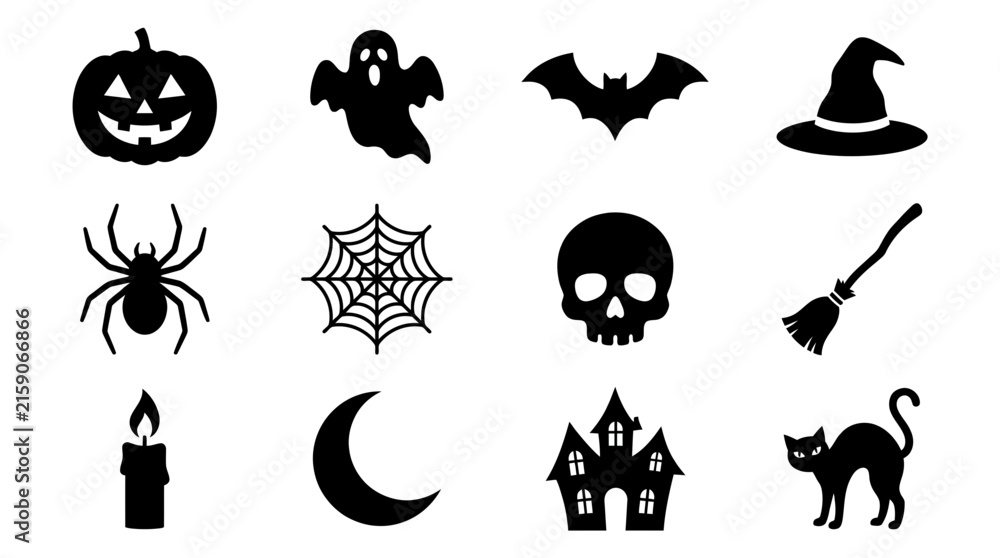 Fototapeta premium Halloween icons set with spooky symbols with including jack o lantern collection black halloween white background with lantern ghost bat