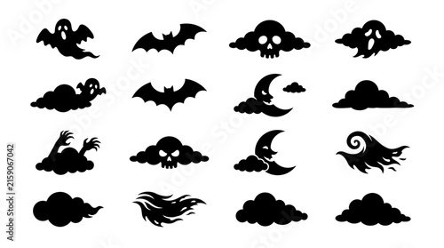 Halloween icons with spooky silhouettes of ghosts bats skulls with collection 15 black halloween themed silhouettes clouds wind arranged