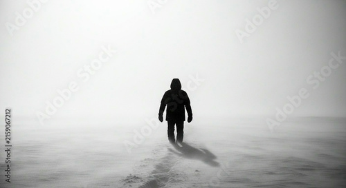 Lone Figure Walking Through Vast Snowy Wasteland in Foggy Winter Atmosphere