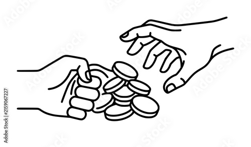 Foto Greed Concept Thin Line Vector Icon with Hands and Coins Editable Outline