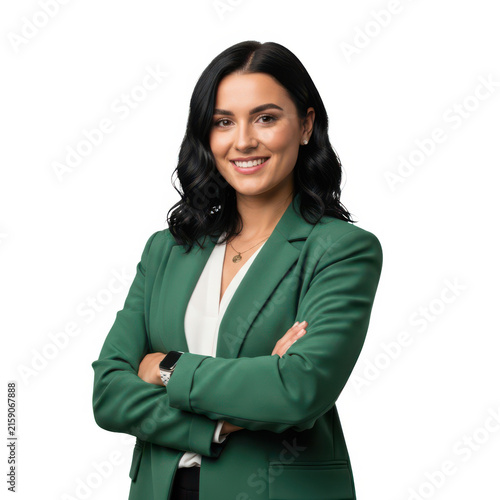 Smiling professional woman in green blazer arms crossed isolated on white background