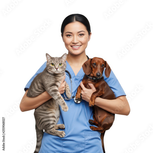 Veterinarian holding two cats and a dog isolated on white background