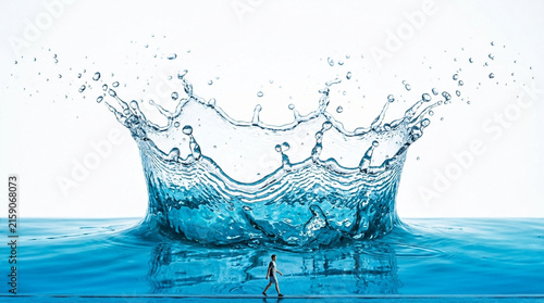 Tiny miniature man walking in front of a giant blue water splash crown, conceptual surreal background depicting challenges and journey.