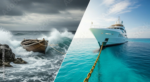 Comparison of a small wooden boat battling rough stormy seas versus a luxurious white yacht anchored in calm clear tropical turquoise waters