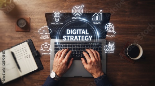 Digital strategy transformation business concept with glowing interface icons over laptop